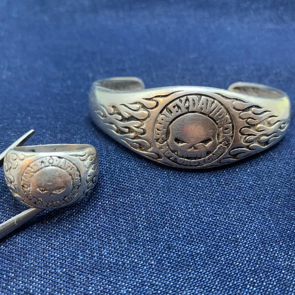 Willy G .925 Sterling Harley Davidson 2.29oz Cuff Brace & .45oz Size 8 Ring Set.